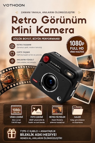 Nostaljik Tasarımı Retro Görünüm Kare Mini Foto Video Kamera 1080p Full Hd 32gb Kart li