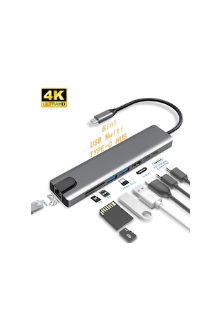Obrax 8in1 Ethernet SD USB Type-C HDMI Girişli Çevirici Hub