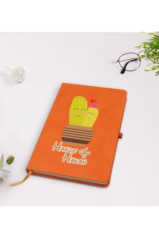 Kişiye Özel Kaktüs Tasarımlı Turuncu Termo Deri Defter Model 13