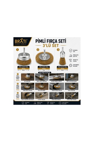 Pimli Fırça Seti 3'lü Set Yüzey Pas Temizleme Boya Sökme Fırçası 25mm 65mm 75mm