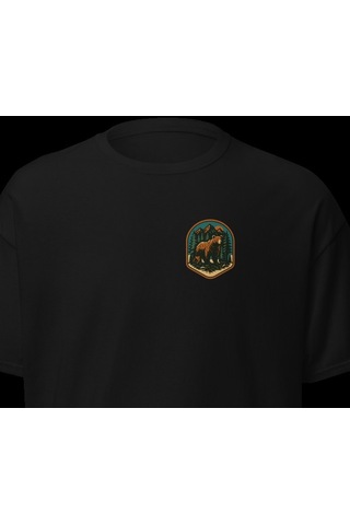 Wildstyle Boz Ayı Renkli Vintage Yaban Hayat Doğa Orman Rozet Baskılı Unisex Bisiklet Yaka Pamuklu Tişört Siyah