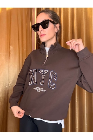 Ali Butik Kahve Nyc Nakışlı Şardonlu Sweatshirt Kahve