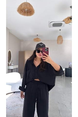 Kadın Flamlı Keten Tek Cep Oversızed Gömlek Siyah