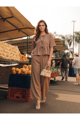 Onloox Kadın Kahve Kahve Rayon Karışımlı Kumaş Kısa Kollu Bağlama Detaylı Bluz Pantolon Alt Üst Takım Onloox Kadın Kahve Kahve Rayon Karışımlı Kumaş Kısa Kollu Bağlama Detaylı Bluz Pantolon Alt Üst Takım