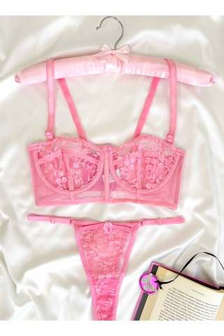Arinda Candice Pembe Çiçek Desenli Brode İşlemeli Tek Renk Balenli Kapsız Askıları Çıkarılabilir Bralette Sütyen Tanga Alt Üst İç Çamaşırı Takımı 2 Parça