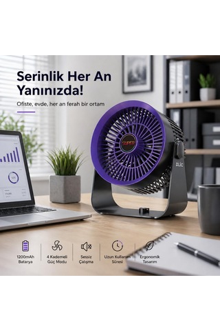 Masaüstü Vantilatör, Şarjlı Masaüstü Fan, 1200 Mah Batarya, Uzun Kullanım Süresi, 4 Kademeli Ayarlanır Güç M