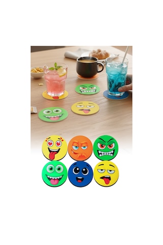Eğlenceli Emoji Yüzler Baskılı Ahşap Bardak Altlığı Seti 6'lı Kahve & Fincan Altlığı Çok Renkli