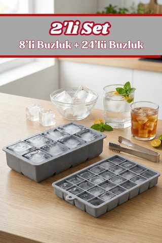 2 Adet Silikon Küp Buzluk Seti, 8 Bölmeli Buz Kalıbı 5cm Küp + 24 Lü Buz Kalıbı 2,5cm Küp Seti Gri
