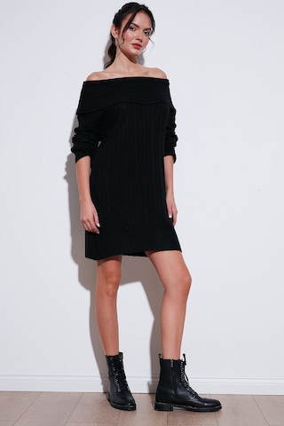 Lela Oversize Fit Kayık Yaka Uzun Kollu Mini Triko Bayan Elbise 4615218 Siyah