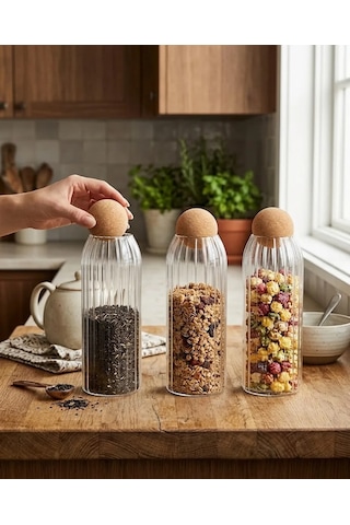 3lü Top Mantar Kapaklı Çizgili Desen Kavanoz 1250ml Cam