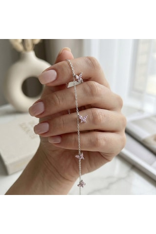 925 Ayar Gümüş Pembe Taşlı Altın Kaplama Şans Kelebek Kolye Gümüş