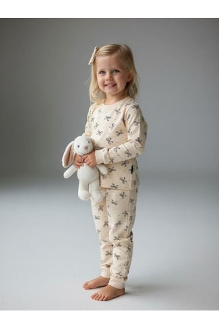 Kız Çocuk Pamuklu Fiyonklu Pijama Takımı-16829 KREM