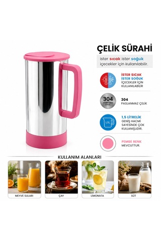 Pembe - Paslanmaz Çelik Sıcak - Soğuk Çelik Sürahi 5250