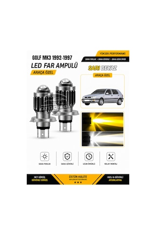 Golf Mk3 1992-1997 H4 Led Far Ampulü Sarı-beyaz Işık Canbus Mini Lensli 2'li Set
