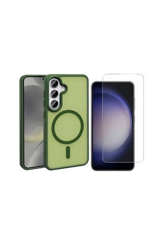 Vendas Galaxy Uyumlu S25 Fe Kılıf M-safe Şarj Özellikli Mat Arka Yüzey Zore Sio Kapak + Nano Ekran Koruyucu Koyu Yeşil