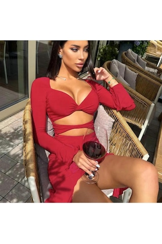 Pink Life Flare Kollu Seksi Bodycon Kırmızı Mini Elbise