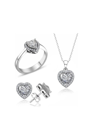 Sertifikalı Swarovski Taşlı Kalp Tektaş 925 Gümüş Set Takım
