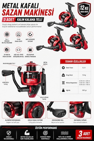 Profesyonel 3 Lü Sazan Olta Takımı - 3.60mt- Kırılmaz Kamış Metal Kafa Makine