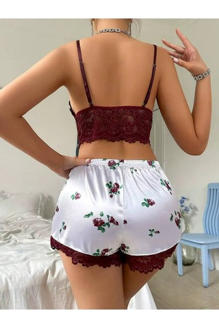 Ece's Design Dantelli 2 Li Şortlu Pijama Takımı Rahat & Şık Home Wear W2004 Bordo