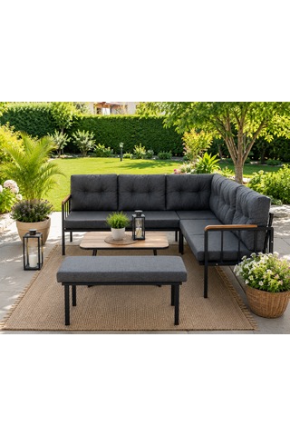 Riva Metal Bahçe Balkon Köşe Takımı Siyah Boyalı İskelet Keten Kumaş Süngerli 180x120 Cm Antrasit