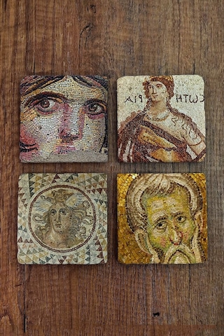 Doğal Taş Bardak Altlığı 4'lü Set - Zeugma Mozaik Desenli Doğal Taş Bardak Altı - Stone Coasters Çok Renkli
