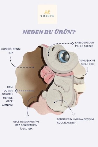 Tavşan Figürlü Bebek Gece Lambası Ahşap Çocuk Odası Duvar Lambası Dekoratif Bebek Odası Aydınlatma
