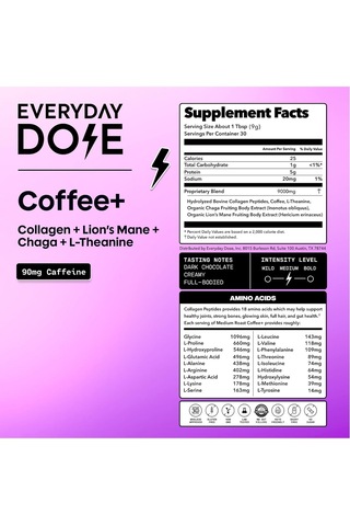 Everyday Dose 90 Mg Caffeıne,5000 Mg Collagen,l-theanine,chaga,lion's Mane Premium Coffee 30 Serving