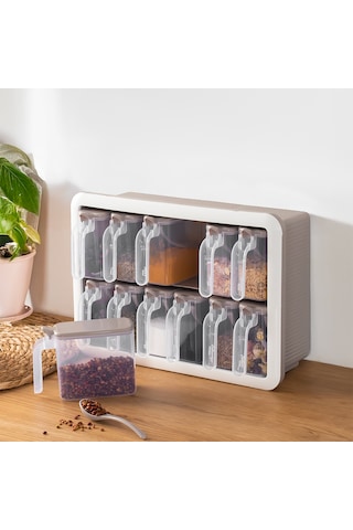 Porsima Simple 1167 Random 12'li Standlı Kendinden Yapışkanlı Kaşıklı Kapaklı Baharatlık Saklama Kabı Seti - Cappuccino Beyaz Cappuccino - Beyaz