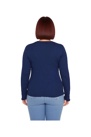 Ersefa Stil Kadın Fitilli Bluz Crop Örme Fitted Kalıp Büyük Beden Lacivert