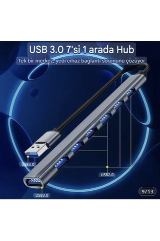 Wowssyo 7'nin 2'si Usb 3.0+usb 2.0 Çoğaltıcı Hub Çoklayıcı Ce Sertifikalı Lisanslı 7 Port Hızlı Sağlam Metal