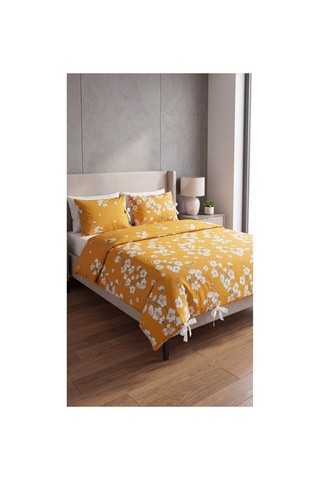 %100 Pamuk Çift Kişilik Çiçekli Bağcıklı Nevresim Seti 220x200 Cm 2 Desenli + 2 Düz Beyaz Yastık Kılıfı Sarı - 909838824 Sarı