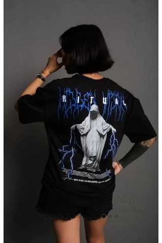 Modi Unisex Bisiklet Yaka Baskılı Oversize T-shirt - Siyah