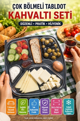Tabldot 7 Bölmeli Kapaklı Kahvaltı Seti Pet Tek Kullanımlık Piknik Ofis Brunch Servis Kabı 29,5cm Xl Siyah