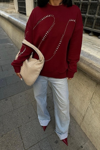 WeShaya Kadın Bordo Pamuklu Taşlı Oversize Sweatshirt Bordo