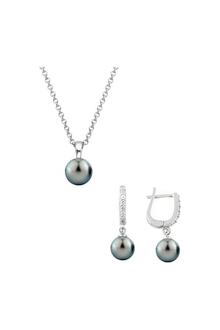 Gümüş Yuvarlak Model Kolye Küpe Siyah Inci Set 8 Mm