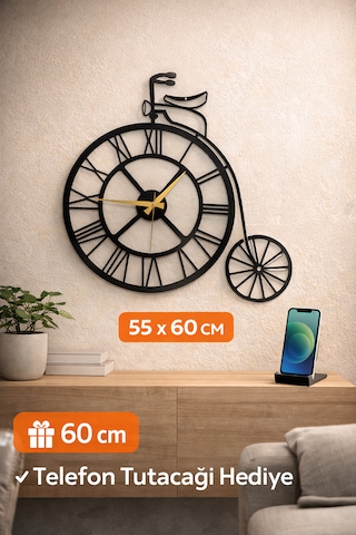 Dekoratif Sessiz Siyah Metal Duvar Saati Metal Telefon Tutacağı Hediyeli Metal - Siyah