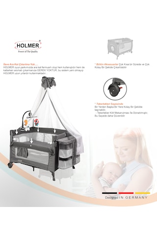 Holmer Coolstyle Premium Cibinlikli Dönenceli Anne Yanı Oyun Parkı Beşik 70x110cm Koyu Gri