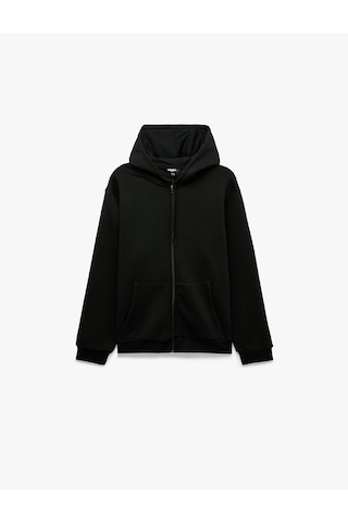 Koton Cepli Şardonlu Oversize Kapşonlu Fermuarlı Spor Sweatshirt Siyah 7wam70023nk