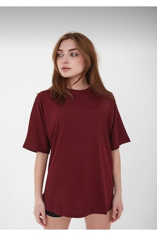 Soft&Basic Unisex Bordo Bisiklet Yaka Pamuk Oversize Boyfriend T-shirt Bordo