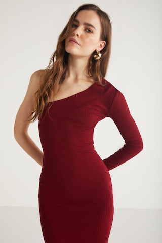 Ethıquet Reddısh Kadın Slim Fit Dar Kesim Vücudu Saran Kaşkorse Midi Boy Bordo Elbise
