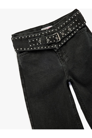 Koton Kemerli Zımba Detaylı Pamuklu Geniş Paça Denim Pantolon Siyah 7wkg40004ad