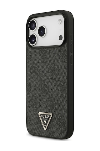 Apple iPhone Uyumlu 18 Pro Max Kılıf Guess Lisanslı Pu Deri Taşlı Üçgen Logo 4g Desenli Strass Kapak Siyah