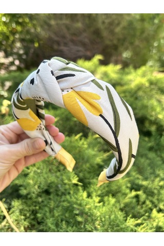 Kadın Kumaş Düğümlü Desenli Yazlık Taç Saç Aksesuarı Beyaz