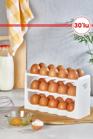 Flosoft 30 Lu Yumurta Organizer, 30 Bölmeli 3 Katlı Yumurtalık Buzdolabı Raf Düzenleyici Kutu Beyaz