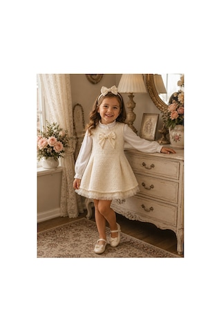 Ministok Pearl Grace Saç Aksesuarlı Blüz Ve Jileden Oluşan 3'lü Kız Çocuk Takım Ekru