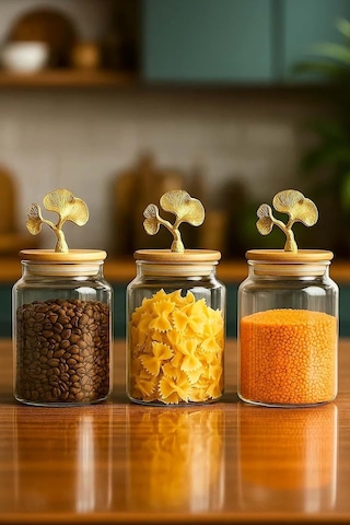 3 Lü Bambu Kapaklı Ginkgo Figürlü Kavanoz Seti - Orta Boy Saklama Kabı 890ml Açık Kahverengi