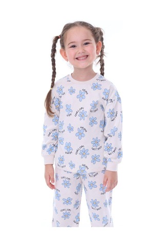 Kız Çocuk Mavi Çiçek Desenli Uzun Kollu Pijama Takımı-912 Mavi