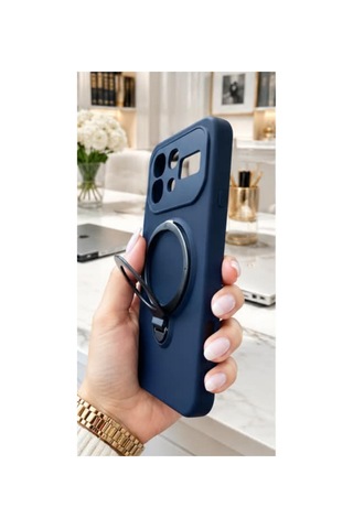 İnfinix Note 60 İle Uyumlu 360 Derece Dönebilen Kalın Metal Magsafe Halka Stantlı İçi Kadife Korumalı Ultra Lüx Premium Silikon Kılıf Lacivert