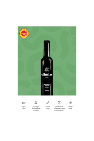 Olimilas Dress Natürel Sızma Soğuk Sıkım Zeytinyağı 500 ML 0,4 Asit 300 Polifenol Yeni Hasat Milas Yöresi