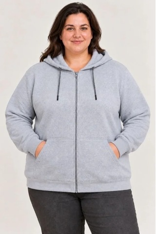 Zennamoda Battal Büyük Beden Üç İplik İçi Şardonlu Kapüşonlu Tam Fermuarlı Kışlık Sweatshirt - Gri